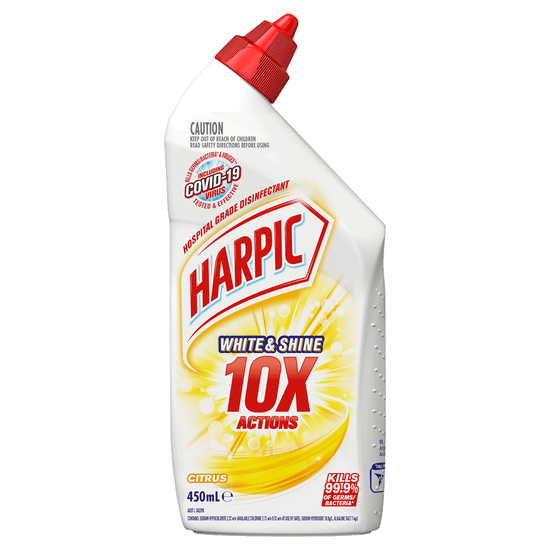 A white bottle with a white and red cap labeled "White & Shine 10X Actions" and "Citrus", featuring images of citrus slices.